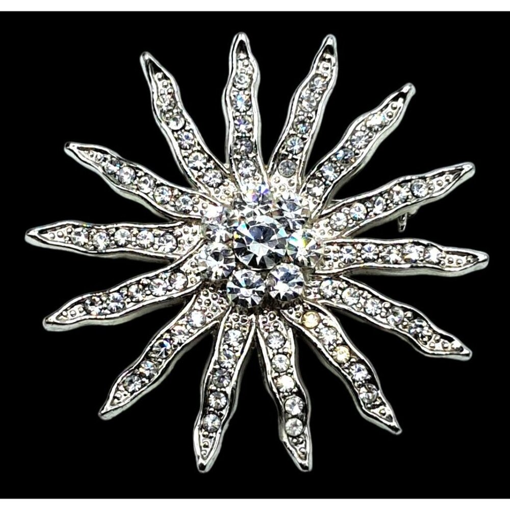 Vintage Clear Rhinestone Starburst Brooch Pin Silver‎ Tone Costume Jewelry